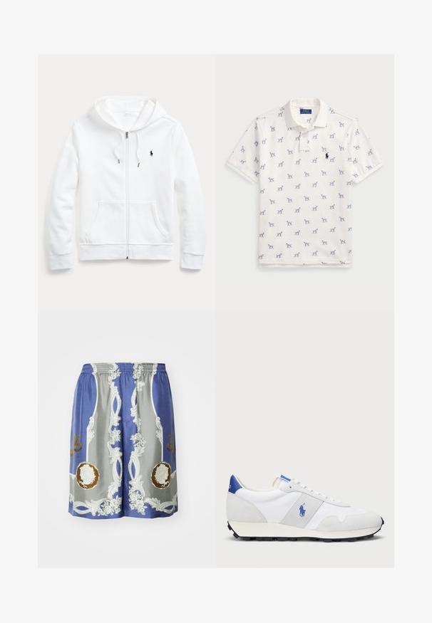 Valkoinen vetoketjullinen huppari, jossa on nyöritettävä huppu, etutaskut ja pieni musta logo vasemmassa rinnassa. Pehmeä kangas ja rento istuvuus.; Valkoinen polo-paita, joka on valmistettu puuvillasta ja jossa on toistuva sininen koirakuosi sekä pieni sininen logo rinnassa. Lyhyet hihat ja kaulus.; Siniset ja harmaat shortsit, jotka on valmistettu sileästä kankaasta. Niissä on edessä koristeellisia valkoisia ja kultaisia kuvioita, kukkia ja pyöreitä muotoja.; Valkoiset urheilukengät, joissa on harmaat mokkaakset, verkko-yläosa, sininen kantapään värinappi ja musta kumipohja. Varustettu nauhakiristimellä ja logolla.