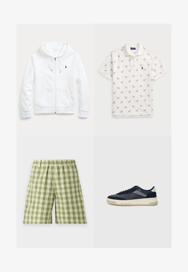 Fato de treino branco com fecho éclair, capuz com cordão, bolsos frontais e um pequeno logótipo preto no peito esquerdo. Tecido suave e corte casual.; Camisola polo branca feita de algodão, com um padrão repetido de cães azuis e um pequeno logotipo azul no peito. Mangas curtas e colarinho.; Calções xadrez verdes com um tecido leve, cintura elástica e bolsos laterais. O padrão xadrez alterna entre verde claro e escuro.; BOSS BALTIMORE - Sapatilhas - open blue