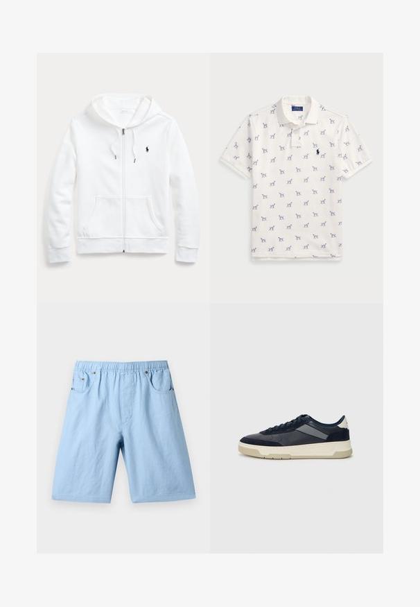 Felpa bianca con zip e cappuccio regolabile, tasche frontali e un piccolo logo nero sul petto a sinistra. Tessuto morbido e vestibilità casual.; Polo bianco in cotone, con motivo a cani blu ripetuto e un piccolo logo blu sul petto. Maniche corte e colletto.; Shorts azzurri chiari con vita elasticizzata, due tasche frontali e una texture liscia. Realizzati in un tessuto morbido, adatti per un abbigliamento casual.; BOSS BALTIMORE - Sneakers basse - open blue