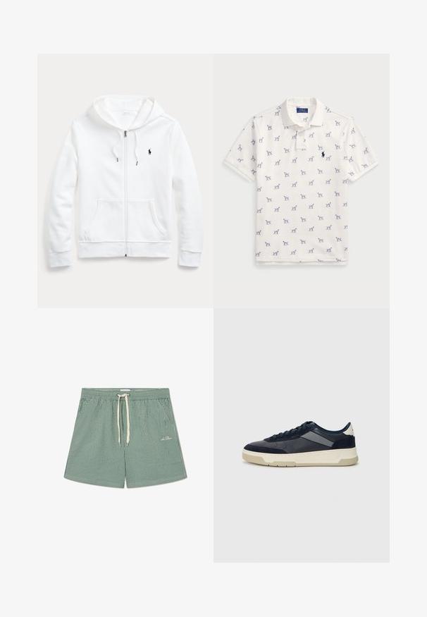 Biała bluza z kapturem na zamek błyskawiczny, z kieszeniami z przodu i małym czarnym logo na lewej piersi. Miękki materiał i luźny krój.; Biała koszulka polo z bawełny, z powtarzającym się niebieskim wzorem psów i małym niebieskim logo na piersi. Krótkie rękawy i kołnierzyk.; Zielone i białe spodenki kąpielowe w paski z elastycznym pasem, regulowaną sznurówką oraz małym logo na dolnej lewej stronie.; BOSS BALTIMORE niebieski
