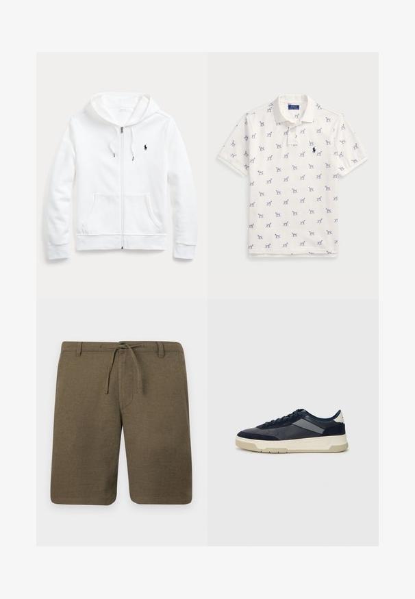 Fehér zipzáras kapucnis pulóver, húzózsinórral, elülső zsebekkel és egy kis fekete logóval a bal mellrészen. Puha anyag és laza fazon.; Fehér póló, pamutból készült, ismétlődő kék kutyás mintával és egy kis kék logóval a mellkason. Rövid ujjak és gallér.; Olíva zöld len rövidnadrág lapos elülső résszel, zsinóros derékkal és oldalsó zsebekkel; texturált anyag, laza, kényelmes fazonnal.; BOSS BALTIMORE - Sportcipő - open blue
