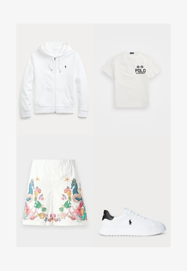 Weißer Zip-Hoodie mit Kordelzugkapuze, Taschen vorne und kleinem schwarzen Logo auf der linken Brust. Weicher Stoff und lässige Passform.; Weißes Baumwoll-T-Shirt mit Rundhalsausschnitt, das auf der linken Brust ein schwarzes "Polo Motorsport"-Logo und gekreuzte Zielflaggen zeigt.; Weiße Shorts aus Stoff mit bunten, vom Ozean inspirierten Grafiken, darunter Seepferdchen, Muscheln und Seesterne, mit einem Kordelzug am Bund.; Weiße Low-Top-Sneaker mit schwarzem Fersenbügel und schwarzem Polo Ralph Lauren-Logo an der Seite, ausgestattet mit weißen Schnürsenkeln und einer dicken Gummisohle.