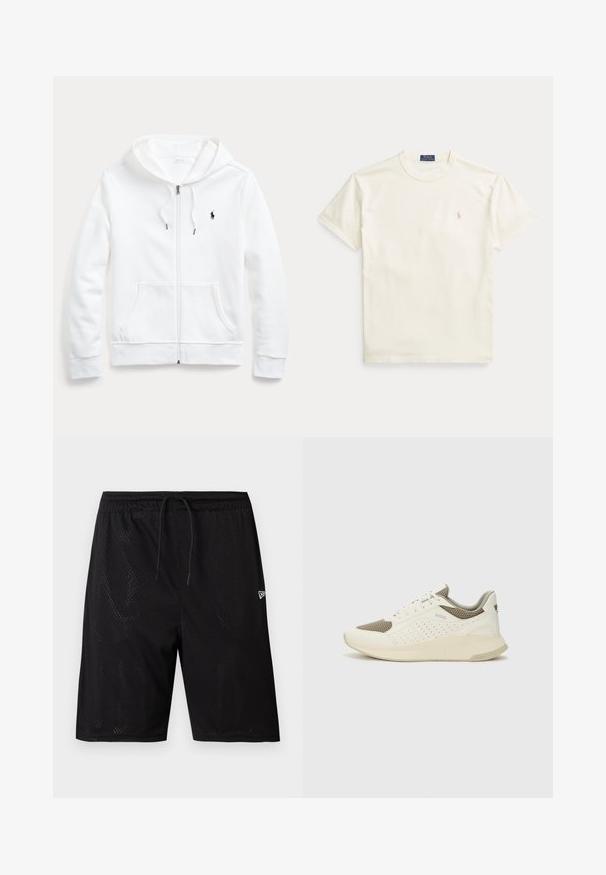 Fato de treino branco com fecho éclair, capuz com cordão, bolsos frontais e um pequeno logótipo preto no peito esquerdo. Tecido suave e corte casual.; T-shirt de algodão cor creme com mangas curtas. Apresenta um logótipo bordado subtil no lado esquerdo do peito e uma gola redonda.; Calções desportivos em malha preta com cintura elástica e cordão, apresentando uma textura perfurada e um pequeno logótipo branco no lado inferior direito.; Sapatilha atlética branca e bege claro, com parte superior em malha, detalhes perfurados e uma entressola texturizada com marcação no calcanhar.