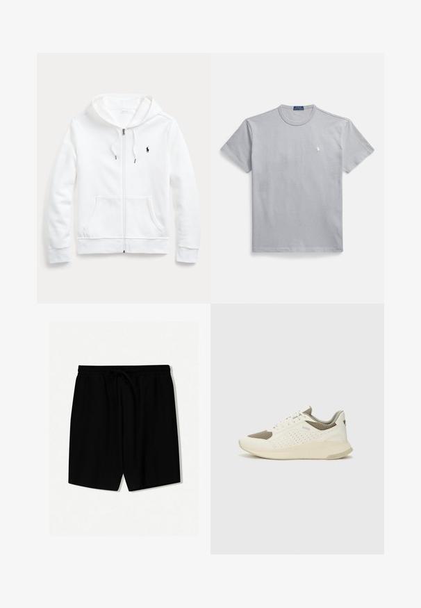 Biela mikina na zips s kapucňou so šnúrkou, prednými vreckami a malým čiernym logom na ľavom prsníku. Mäkko látkový materiál a ležérny strih.; Šedé bavlnené tričko s okrúhlym výstrihom, krátkymi rukávmi a malým bielym logom na ľavej strane hrudníka. Hladká textúra a voľný strih.; Čierne šortky vyrobené z ľahkej tkaniny, vybavené elastickým pásom s šnúrkou, prednými pukmi a dĺžkou nad kolená.; Biele a svetlo béžové športové tenisky s hornou časťou z mriežkového materiálu, perforovanými detailmi a textúrovanou medzipodrážkou s logom na päte.
