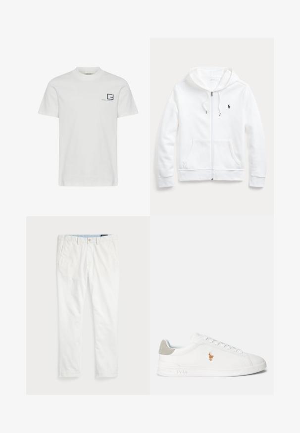 Biała bluza z kapturem na zamek błyskawiczny, z kieszeniami z przodu i małym czarnym logo na lewej piersi. Miękki materiał i luźny krój.; Biała bawełniana koszulka z okrągłym dekoltem i krótkimi rękawami. Posiada granatowy graficzny logo oraz tekst na lewej piersi.; Białe chinosy wykonane z bawełny, z prostym przodem, szlufkami na pasek, dwiema kieszeniami bocznymi i jedną kieszenią z tyłu. Gładka struktura z prostą nogawką.; Białe trampki z gładkiego materiału syntetycznego, okrągłym noskiem i sznurowanym zapięciem. Posiadają jasnoszary zamszowy akcent na pięcie oraz haftowane logo.