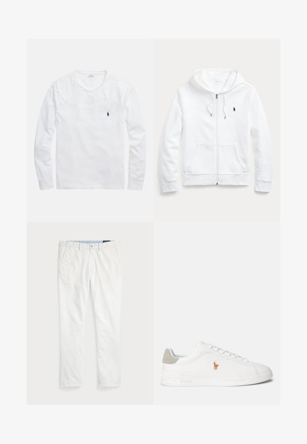 Balta zip-up džinsinė striukė su reguliuojama gobtuvu, priekinėmis kišenėmis ir mažu juodu logotipu kairėje krūtinės pusėje. Minkšta medžiaga ir laisvas pjūvis.; Ilgas baltas medvilninis marškinėlis su ilgomis rankovėmis. Turi apvalų iškirptę ir mažą tamsiai mėlyną logotipą kairėje krūtinės pusėje. Lygios tekstūros, paprastas dizainas.; Balti chinos iš medvilnės, su lygia priekiu, diržo kilpomis, dviem šoninėmis kišenėmis ir viena užpakaline kišene. Lygus paviršius su tiesiomis kojomis.; Balti sportiniai bateliai su lygiu sintetine medžiaga, apvaliu pirštu ir raištelių užsegimu. Savybės - šviesiai pilka zomšos kulno akcentas ir siuvinėtas logotipas.