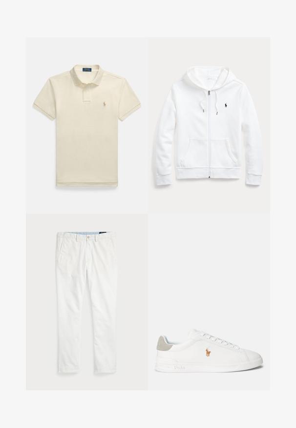Hvit zip-up hettegenser med snøring i hetten, frontlommer og en liten svart logo på venstre bryst. Myk stoff og ledig passform.; Beige poloshirt med korte ermer, med knappet krage og en liten brodert logo på venstre bryst. Strukturert bomullsmateriale.; Hvite chinos laget av bomull, med flat front, beltehemper, to sidelommer og en baklomme. Glatt tekstur med rett ben.; Hvit sneakers med glatt syntetisk materiale, rund tå og snøredesign. Har en lys grå suedheelkappe og brodert logo.