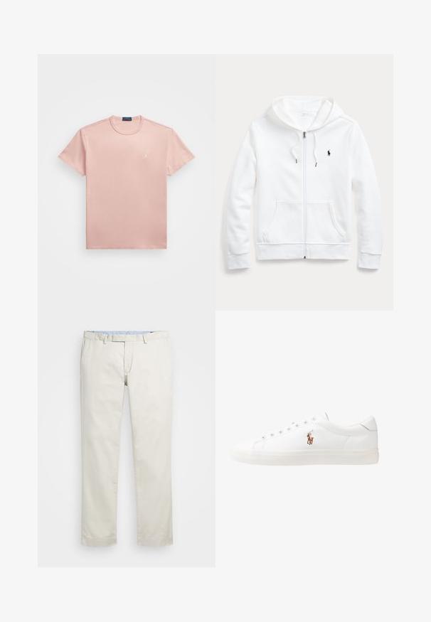 Bela zip-up kapuca s kapuco na zategovanje, sprednjimi žepi in majhnim črnim logotipom na levem prsnem delu. Mehka tkanina in sproščen kroj.; Polo Ralph Lauren CLASSIC FIT JERSEY CREWNECK T-SHIRT - Navadna majica - adirondack rose; Bežna bombažna chinosa z ravnim sprednjim delom, zankami za pas in stranskimi žepi. Dizajn z ravnimi nogavicami z gladko teksturo in lahkotnim, zračnim občutkom.; Bela usnjena teniski čevlji, nizki model, z gladko teksturo, okrogle konice, vezavi spredaj ter majhnim vezenim logotipom na strani.