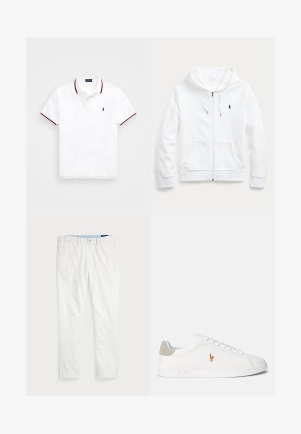 Λευκή ζακέτα με φερμουάρ και κουκούλα με κορδόνι, εμπρόσθιες τσέπες και μικρό μαύρο λογότυπο στο αριστερό στήθος. Μαλακό ύφασμα και άνετη εφαρμογή.; Λευκό πόλο μπλουζάκι με ριχτό γιακά που διαθέτει κόκκινες και μπλε ρίγες, πλακέτα με δύο κουμπιά και μικρό κεντημένο λογότυπο στο στήθος.; Λευκά chinos από βαμβάκι, με επίπεδο μπροστινό μέρος, θηλιές ζώνης, δύο πλαϊνές τσέπες και μία πίσω τσέπη. Λείος υφασμάτινος χαρακτήρας με ίσια γραμμή.; Λευκό αθλητικό παπούτσι από λείο συνθετικό υλικό, με στρογγυλή μύτη και σχέδιο με κορδόνια. Διαθέτει ανοιχτό γκρι σουέτ λεπτομέρεια στη φτέρνα και κεντημένο λογότυπο.