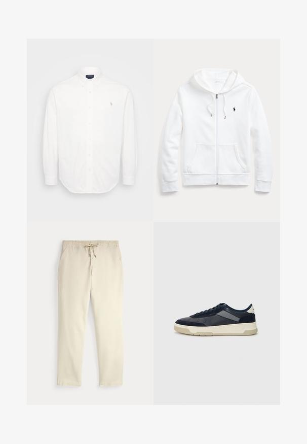 Fato de treino branco com fecho éclair, capuz com cordão, bolsos frontais e um pequeno logótipo preto no peito esquerdo. Tecido suave e corte casual.; Camisa branca de manga longa com colarinho abotoado, botões na frente e um pequeno logótipo bordado no lado esquerdo do peito. Feita de algodão.; Calças casuais off-white com cintura elástica e cordão, pernas retas e bolsos laterais, contra um fundo liso.; BOSS BALTIMORE - Sapatilhas - open blue