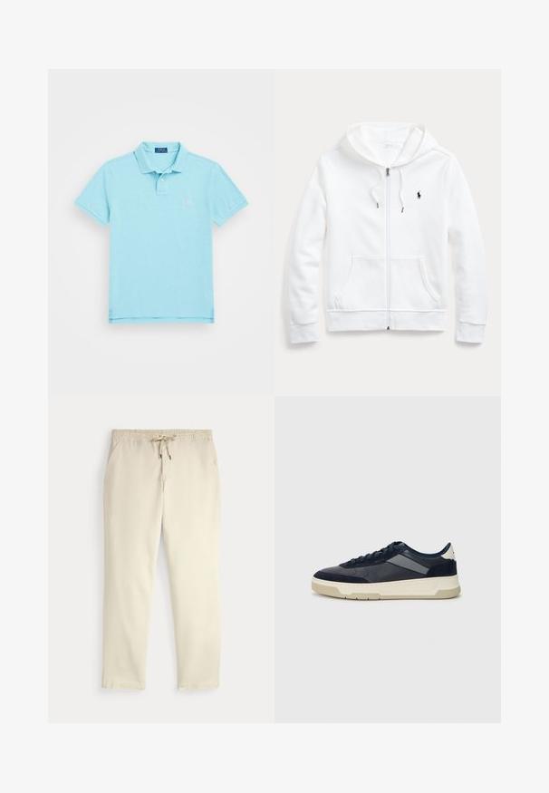 Λευκή ζακέτα με φερμουάρ και κουκούλα με κορδόνι, εμπρόσθιες τσέπες και μικρό μαύρο λογότυπο στο αριστερό στήθος. Μαλακό ύφασμα και άνετη εφαρμογή.; Ανοιχτό μπλε πόλο μπλουζάκι με κοντά μανίκια, χαρακτηρισμένο από γιακά και ένα μικρό κεντητό λογότυπο στο στήθος. Φτιαγμένο από υφασμάτινο υλικό.; Εκρού ελαστικά παντελόνια με κορδόνι στη μέση, ίσια πόδια και πλάγιες τσέπες σε απλό φόντο.; BOSS BALTIMORE - Αθλητικά παπούτσια - open blue