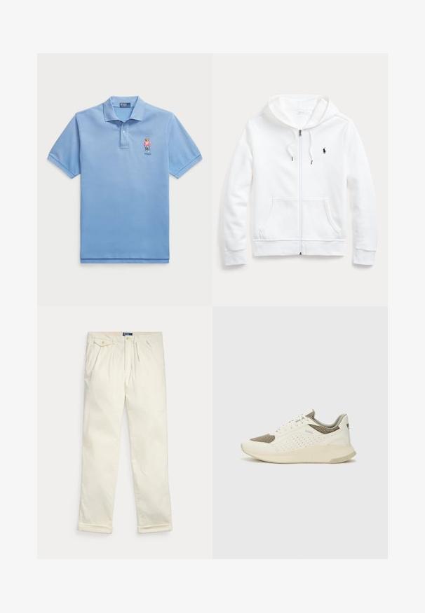White zip-up hoodie with a drawstring hood, front pockets, and a small black logo on the left chest. Soft fabric and casual fit.; Light blue polo shirt made of cotton, featuring a three-button placket and embroidered bear logo on the left chest. Short sleeves.; Cream-colored corduroy pants with pleats, side pockets, buttoned flap pocket, and folded cuffs, laid flat on a white background.; White and light beige athletic sneaker, featuring a mesh upper, perforated detailing, and a textured midsole with branding on the heel.