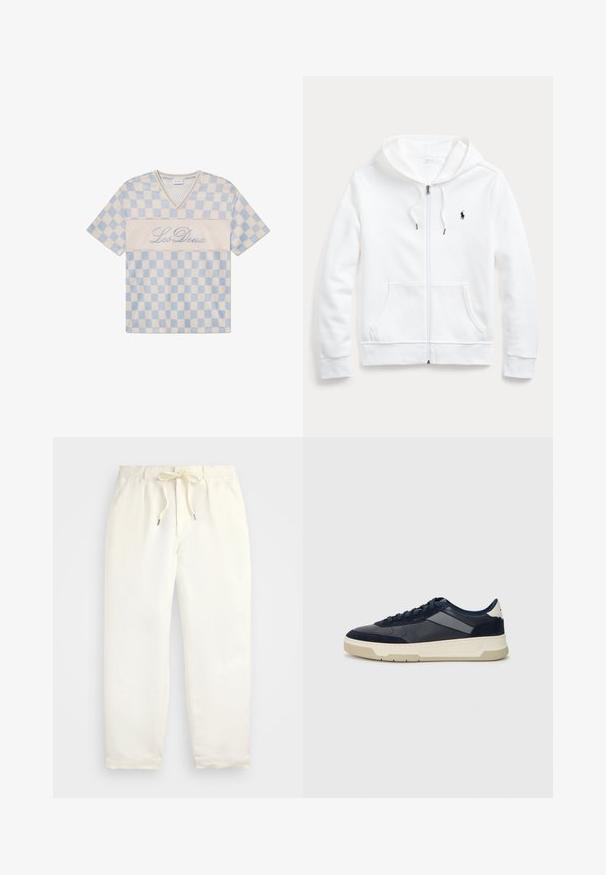 Hvit zip-up hettegenser med snøring i hetten, frontlommer og en liten svart logo på venstre bryst. Myk stoff og ledig passform.; Blå og kremfarget rutete nett t-skjorte med kort erme og V-hals, med "Les Deux" brodert foran i kursiv.; Lys kremfargede, casual bukser laget av mykt stoff. Har elastisk midjebånd med snøring, og en tapered ben-design.; BOSS BALTIMORE - Joggesko - open blue