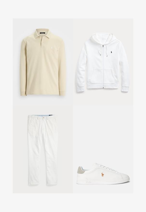 Biała bluza z kapturem na zamek błyskawiczny, z kieszeniami z przodu i małym czarnym logo na lewej piersi. Miękki materiał i luźny krój.; Beżowa koszula polo z długim rękawem, kołnierzykiem, dwoma guzikami, prążkowanymi mankietami oraz małym białym haftowanym logo na lewej piersi.; Białe chinosy wykonane z bawełny, z prostym przodem, szlufkami na pasek, dwiema kieszeniami bocznymi i jedną kieszenią z tyłu. Gładka struktura z prostą nogawką.; Białe trampki z gładkiego materiału syntetycznego, okrągłym noskiem i sznurowanym zapięciem. Posiadają jasnoszary zamszowy akcent na pięcie oraz haftowane logo.