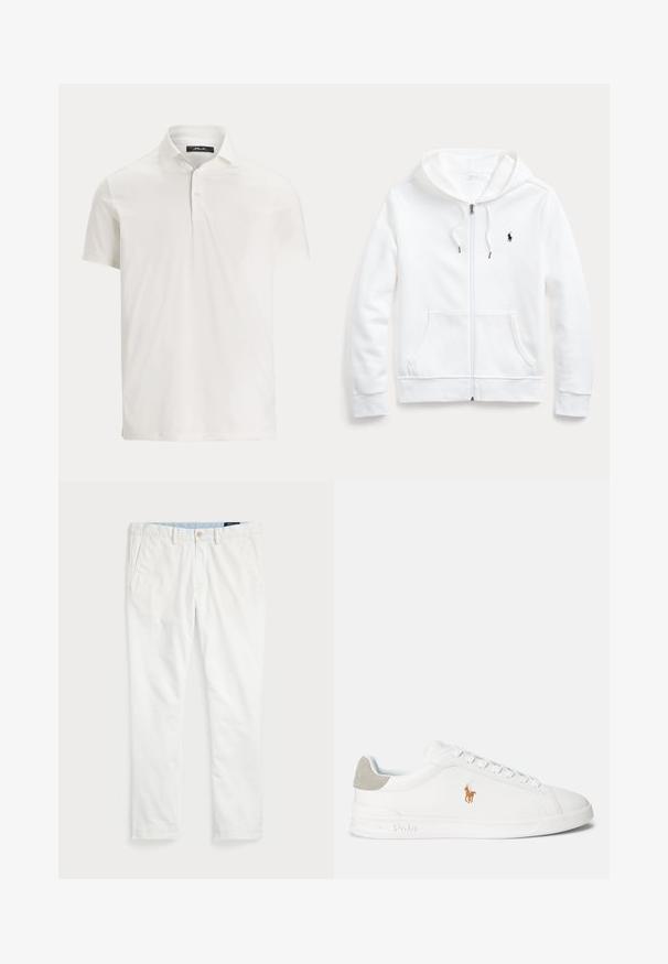 Balta zip-up džinsinė striukė su reguliuojama gobtuvu, priekinėmis kišenėmis ir mažu juodu logotipu kairėje krūtinės pusėje. Minkšta medžiaga ir laisvas pjūvis.; Vyriški balti trumpomis rankovėmis polo marškinėliai su apykakle, dviem mygtukais ir subtilia logotipo etikete ant vidinės apykaklės.; Balti chinos iš medvilnės, su lygia priekiu, diržo kilpomis, dviem šoninėmis kišenėmis ir viena užpakaline kišene. Lygus paviršius su tiesiomis kojomis.; Balti sportiniai bateliai su lygiu sintetine medžiaga, apvaliu pirštu ir raištelių užsegimu. Savybės - šviesiai pilka zomšos kulno akcentas ir siuvinėtas logotipas.