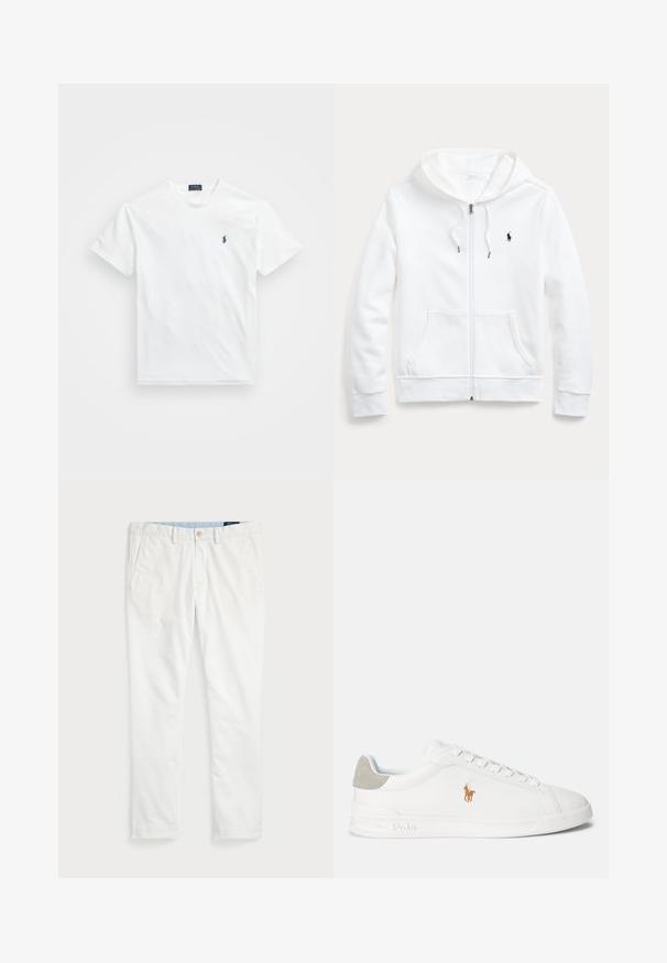 Sudadera blanca con cremallera y capucha con cordón, bolsillos frontales y un pequeño logo negro en el lado izquierdo del pecho. Tejido suave y corte informal.; Camiseta blanca de algodón con cuello redondo, mangas cortas y un pequeño logo azul marino en el lado izquierdo del pecho. Textura suave, diseño sencillo.; Chinos blancos de algodón, con corte plano, trabillas para cinturón, dos bolsillos laterales y un bolsillo trasero. Textura suave con pernera recta.; Zapatilla blanca con material sintético suave, puntera redonda y diseño con cordones. Presenta un acento en ante gris claro en el talón y un logo bordado.