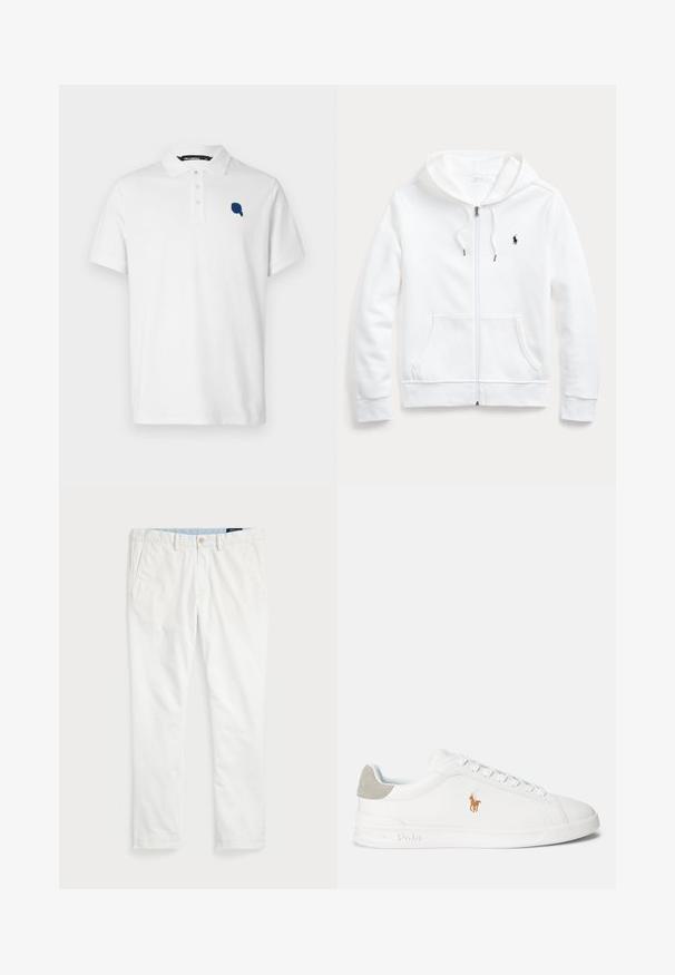 Fehér zipzáras kapucnis pulóver, húzózsinórral, elülső zsebekkel és egy kis fekete logóval a bal mellrészen. Puha anyag és laza fazon.; Fehér póló ing, pamutból készült, galléros nyakkal, három gombbal, és bal mellen kék hímzett logóval.; Fehér pamut chino nadrág, lapos elülső résszel, övhurkokkal, két oldalsó zsebbel és egy hátsó zsebbel. Simább textúrájú, egyenes szárú.; Fehér sneaker sima szintetikus anyagból, kerek orral és fűzős dizájnnal. Fény szürke velúr sarokdísz és hímezett logó jellemzi.
