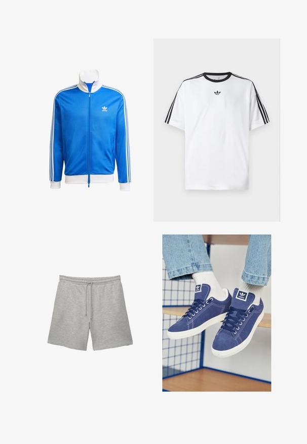 adidas Originals Sweatjacke - blue white; Weißes T-Shirt aus Baumwolle mit einem schwarzen, runden Halsausschnitt und drei schwarzen Streifen auf jeder Schulter. Kleines schwarzes Logo auf der Brust.; Graue Baumwollshorts mit einem elastischen Bund und Kordelzug, ausgestattet mit zwei Seitentaschen und einer weichen, strukturierten Oberfläche.; Marineblaue Adidas Sneakers aus Wildleder mit weißen Gummisohlen, runden Zehen und einem Logopatch auf der Zunge. Helle weiße Socken sind sichtbar.