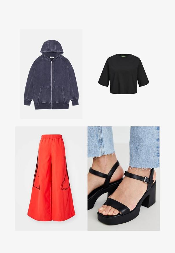 Tamno siva dukserica sa zipom i kapuljačom, koja ima rebraste manžete, prednji džep i kontrastno šivanje. Izrađena od mekog, teksturiranog materijala.; Crna pamučna skraćena majica s okruglim izrezom, kratkim rukavima i zelenom oznakom na izrezu. Glatka, mekana tekstura.; Crvene široke hlače imaju elastičnu početnu traku, kontrastne crne bočne pruge i dva vanjska džepa s zakrivljenim otvorima.; ALDO CELIE - Sandale s visokom petom - black