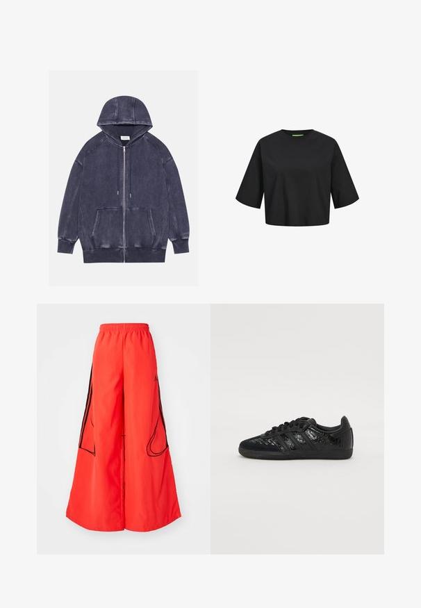 Tummanharmaa vetoketjuhuppari, jossa on huppu, ribbireunat, etutasku ja kontrastiväriset tikkausompeleet. Valmistettu pehmeästä, tekstuuripinnasta.; Musta puuvillainen lyhythihainen crop-top, jossa on pyöreä kaula-aukko, lyhyet hihat ja vihreä etiketti kaula-aukossa. Sujuva, pehmeä rakenne.; Punaiset leveälahkeiset housut, joissa on joustovyötärö, mustat kontrastisivuraidat ja kaksi ulkoista taskua kaarevilla aukoilla.; Musta urheilukenkä, jossa on yhdistelmä sileää synteettistä ja teksturoitua materiaalia. Kenkässä on kolme mustaa raitaa ja kumipohja.