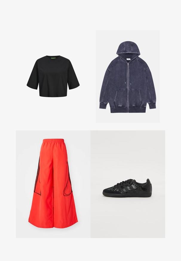 Temno siva zip-up kapuca z glavo, z rebrastimi manšeti, sprednjim žepom in kontrastnim šivanjem. Narejena iz mehkega, teksturiranega materiala.; Črna bombažna skrajšana majica s krožno odprtino, kratkimi rokavi in zeleno oznako na vratu. Gladka, mehka tekstura.; Rdeče široke hlače imajo elastičen pas, kontrastne črne stranske proge in dve zunanjosti žepi s poševnimi odprtinami.; Črne atletske čevlje, ki združujejo gladke sintetične in teksturirane materiale, s tremi črnimi črtami in gumijastim podplatom.