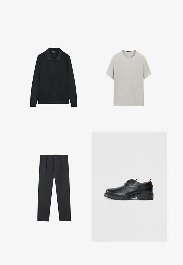 Zwarte gebreide cardigan met een polo kraag, knoopsluiting aan de voorkant en twee voorzakken. Heeft een ribbelstructuur over het geheel.; Lichtgrijze korte mouwen t-shirt gemaakt van zachte katoen, met een klassieke ronde halslijn en een relaxte pasvorm zonder zichtbare naden.; Zwarte, rechte broek van lichtgewicht stof, met een knoopsluiting, geplooide voorkant en zijzakken. Overal een gladde textuur.; Zwarte leren derby schoenen met een gladde textuur, ronde neus, vetersluiting en een dikke, robuuste rubberen zool.