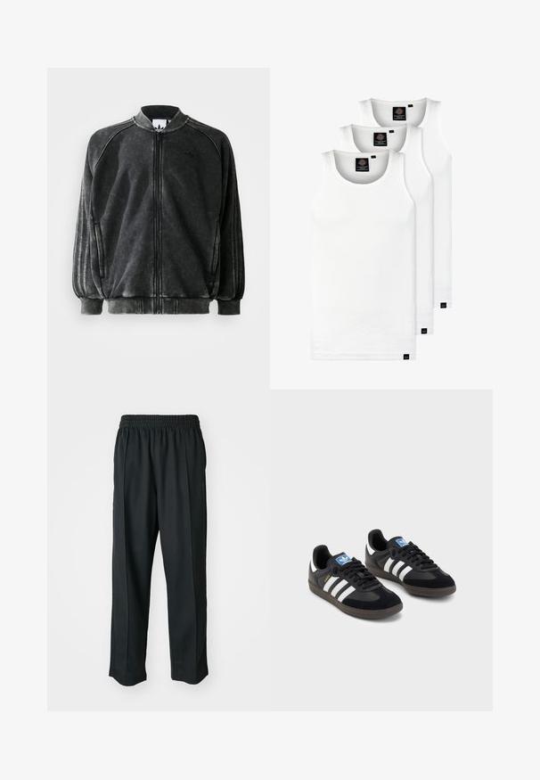 Giubbotto bomber nero con zip, dalla texture sbiadita, colletto a coste e tasche laterali. Presenta tre strisce orizzontali sulle maniche e un dettaglio del logo.; Tre canotte bianche a coste in cotone. Presentano un colletto rotondo e piccole etichette nere vicino all'orlo. Disponibile in diverse taglie.; Pantaloni sportivi neri con vita elastica, realizzati in tessuto liscio, con cuciture laterali sottili e un fit rilassato, design a gamba dritta.; Sneakers neri con tomaia in suede e materiale sintetico, caratterizzati da tre strisce bianche, suola in gomma testurizzata e etichetta blu sul linguetta.