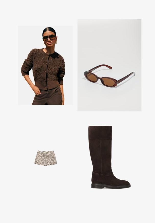 Hnědý pletený kardigan s texturovaným vzorem, kulatým výstřihem, žebrovanými manžetami a lemem a s knoflíkovým zapínáním, kombinovaný s tmavými kalhotami.; Bílá košile s dlouhým rukávem, límečkem, zapínáním na knoflíky, dvěma náprsními kapsami, rovný lem a mírně rozšířenými rukávy, vyrobená z hladkého materiálu.; Džínové šortky s leopardím potiskem, béžový základ s tmavě hnědými skvrnami, vysoký pas, dvě přední kapsy a stylový střih.; Hnědé semišové kozačky do výšky kolen s plochou podrážkou, měkkou strukturou a kontrastním prošíváním podél švů. Boční design pro lepší přizpůsobení.; Kulaté sluneční brýle hnědé barvy s lesklým burgundským rámem. Úzké nožičky s jemným logem. Rovné čočky.