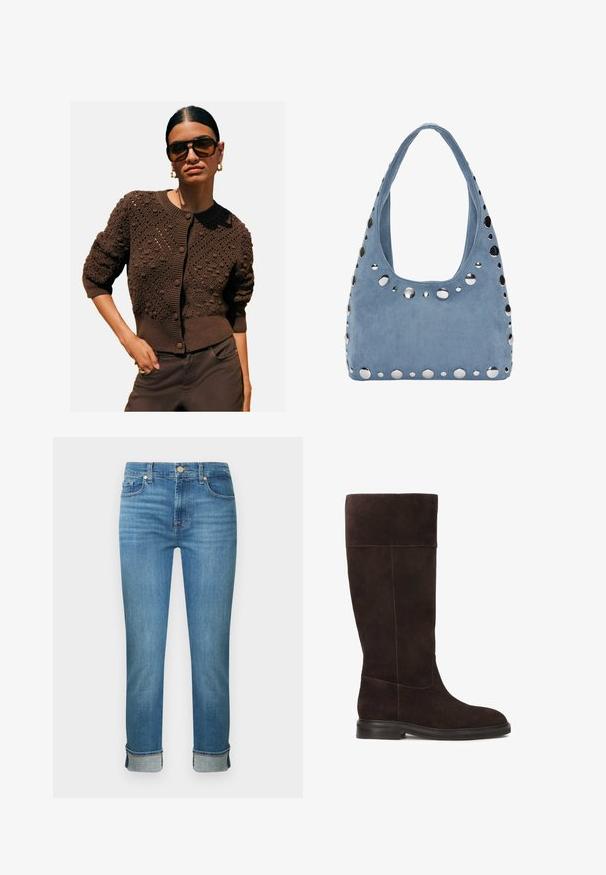 Cardigan en tricot marron avec des motifs texturés, col rond, poignets et ourlet côtelés, et fermeture à boutons, associé à un pantalon sombre.; Chemise blanche à manches longues avec col, fermeture à boutons, deux poches poitrine, ourlet droit et manches légèrement évasées, fabriquée en tissu lisse.; Jeans en denim bleu clair avec une coupe droite, comprenant cinq poches, une fermeture par bouton et des revers roulés. Texture lisse avec un délavage subtil.; Botte en daim marron hauteur genou avec une semelle plate, texture douce et un détail de couture contrastante le long des coutures. Design de panneau latéral pour un ajustement optimal.; Sac à main en suede bleu de forme arrondie, rehaussé de clous métalliques le long des bords et d'une large bandoulière. Texture lisse.