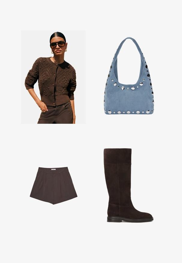 Cardigan marrone a maglia con motivi testurizzati, colletto rotondo, polsini e orlo a coste, e chiusura a bottoni, abbinato a pantaloni scuri.; Camicia bianca a maniche lunghe con colletto, chiusura con bottoni, due tasche sul petto, orlo dritto e maniche leggermente svasate, realizzata in tessuto morbido.; Pantaloni corti marroni a plissettatura con righe verticali, con una vita piatta e una silhouette su misura. Lunghezza corta con cuciture pulite.; Stivale al ginocchio in suede marrone con suola piatta, texture morbida e dettagli di cucitura a contrasto lungo le cuciture. Design con pannelli laterali per una migliore vestibilità.; Borsa in suede blu con forma arrotondata, accentuata da borchie metalliche lungo i bordi e una ampia tracolla. Texture liscia.