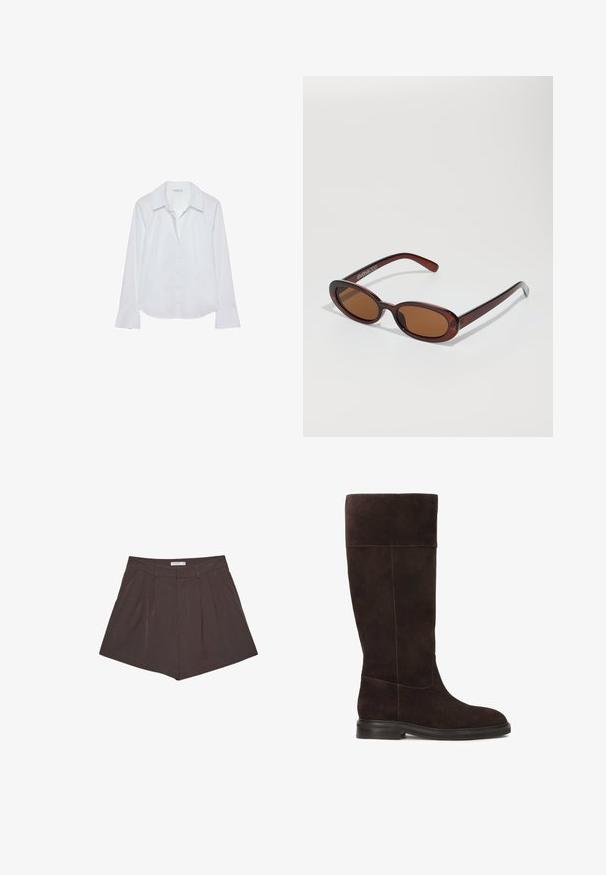 Cardigan marrone a maglia con motivi testurizzati, colletto rotondo, polsini e orlo a coste, e chiusura a bottoni, abbinato a pantaloni scuri.; Camicia bianca a maniche lunghe con colletto, chiusura con bottoni, due tasche sul petto, orlo dritto e maniche leggermente svasate, realizzata in tessuto morbido.; Pantaloni corti marroni a plissettatura con righe verticali, con una vita piatta e una silhouette su misura. Lunghezza corta con cuciture pulite.; Stivale al ginocchio in suede marrone con suola piatta, texture morbida e dettagli di cucitura a contrasto lungo le cuciture. Design con pannelli laterali per una migliore vestibilità.; Occhiali da sole rotondi con tonalità marrone, montatura lucida color bordeaux. Aste sottili con un sottile dettaglio del marchio. Design delle lenti piatte.
