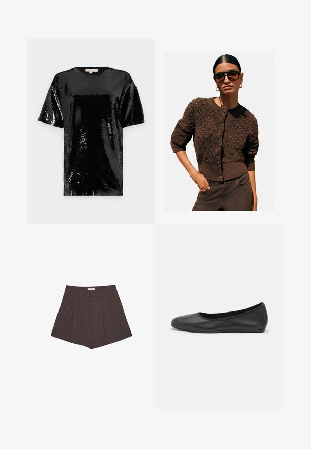 Brązowy sweter z dzianiny z wzorzystą teksturą, okrągłym dekoltem, ściągaczami przy mankietach i u dołu, zapinany na guziki, zestawiony z ciemnymi spodniami.; Czarny krótki top z rękawami, pokryty cekinami, z okrągłym dekoltem i ogólnie gładką, odbijającą światło fakturą.; Karmelowe krótkie spodenki z poziomymi prążkami, z płaskim pasem i dopasowanym krojem. Krótka długość z czystymi szwami.; Czarne skórzane baletki z zaokrąglonym noskiem, gładką fakturą, minimalnymi przeszyciami i elastycznym designem podeszwy.
