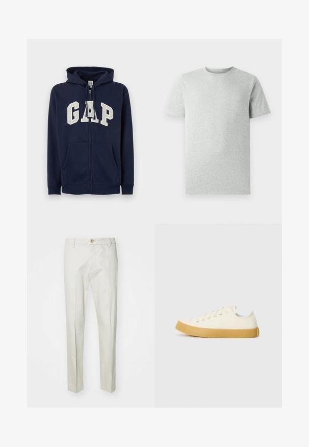 GAP HERITAGE LOGO - Mikina na zip - tapestry navy; Jednoduché světle šedé tričko s krátkým rukávem a kulatým výstřihem, vystavené na bílém pozadí, pohled zepředu bez viditelných log nebo designů.; Svetle béžové kalhoty vyrobené z měkké, texturované tkaniny. Obsahují zapínání na knoflík, poutka na opasek a rovné nohavice. Čistý, přizpůsobený design.; Plátěné tenisky v krémové barvě s kulatou špičkou, s béžovými gumovými podešvami a pěti očky na tkaničky, texturovaný povrch horní části.