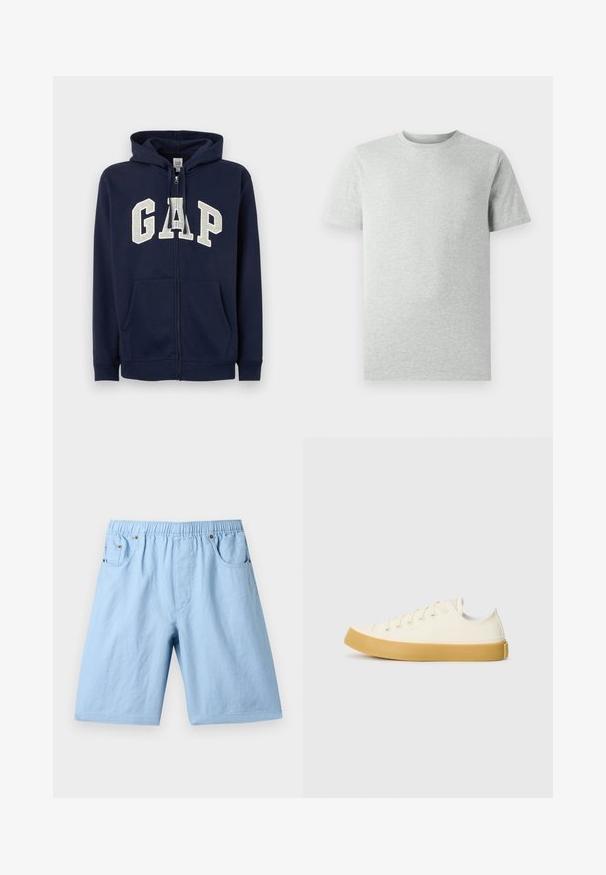 GAP HERITAGE LOGO - Mikina na zip - tapestry navy; Jednoduché světle šedé tričko s krátkým rukávem a kulatým výstřihem, vystavené na bílém pozadí, pohled zepředu bez viditelných log nebo designů.; Světlomodré kraťasy s pružným pasem, dvěma předními kapsami a hladkým povrchem. Vyrobené z měkkého materiálu, vhodné pro volnočasové nošení.; Plátěné tenisky v krémové barvě s kulatou špičkou, s béžovými gumovými podešvami a pěti očky na tkaničky, texturovaný povrch horní části.