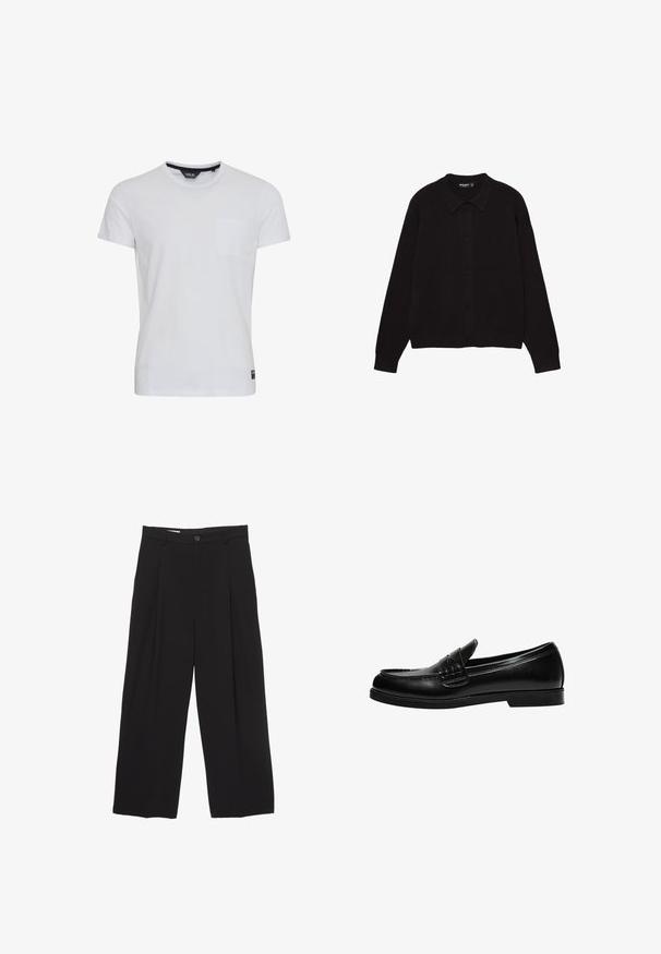 Crna kardigan jakna od mekanog materijala, s ovratnikom, dugim rukavima i šest dugmadi na prednjem dijelu za kopčanje. Klasičan dizajn.; Bjela pamučna majica s kratkim rukavima, okruglim izrezom i džepom na lijevoj strani grudi. Ima oznaku na donjem lijevom dijelu. Glatka tekstura.; Crne široke hlače od glatkog materijala, s ravnim pojasom, prednjim nabranim detaljima i zatvaranjem na jedan gumb.; Crna kožna loafer cipela s glatkom površinom, koja ima šavnu obradu na gornjem dijelu i nisku, čvrstu crnu gumenu podlogu.