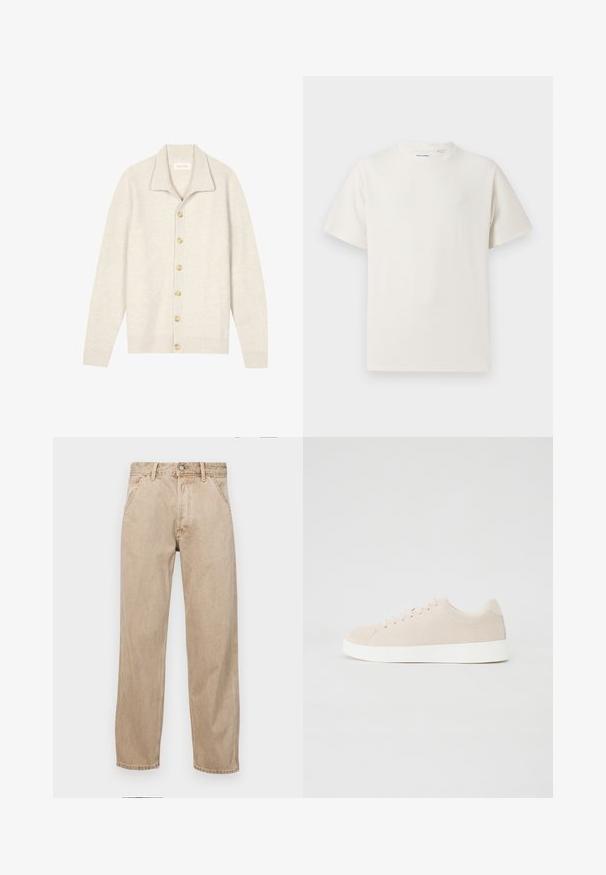 Light beige cardigan made of ribbed texture with a collared neck, featuring seven beige buttons down the front and long sleeves.; White short-sleeve T-shirt in a ribbed texture. Round neckline, relaxed fit, no visible patterns or accents. Simple and versatile design.; Beige denim jeans with a straight leg design, featuring front pockets, a metal button closure, and subtle texture.; Beige suede sneakers with white rubber soles, rounded toe, and six eyelets for laces. Smooth texture with minimalistic design.