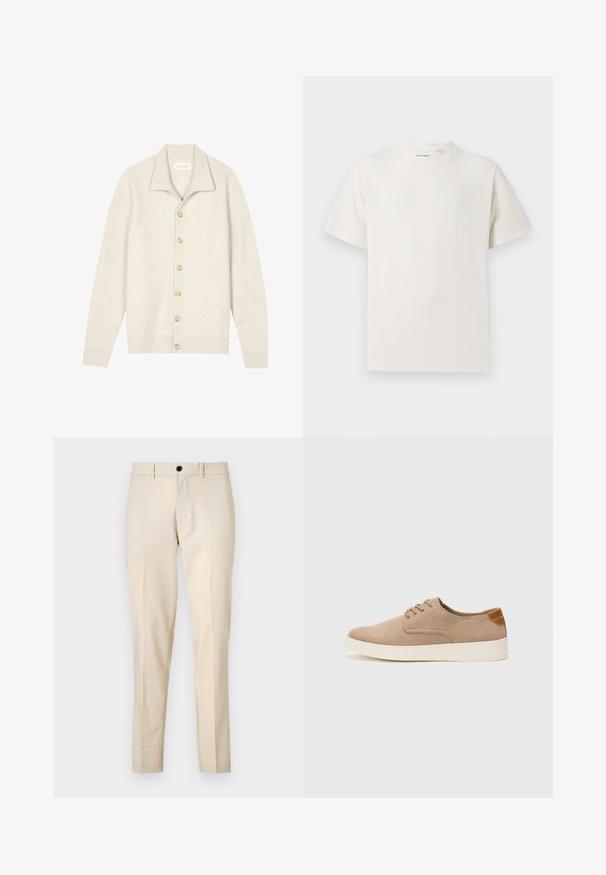 Világos bézs színű, bordázott textúrájú kardigán, galléros nyakkal, hét bézs gombbal a frontron és hosszú ujjakkal.; Fehér, rövid ujjú póló bordázott textúrával. Kerek nyakkivágás, laza szabás, nincs látható minta vagy díszítés. Egyszerű és sokoldalú dizájn.; Beige szabott nadrág sima textúrával, elülső gombos záródással, lapos elülső kialakítással és egyenes szárakkal. Zsebek nem láthatók.; Beige velúr sportcipő, kerek orral, fűzős elülső résszel és textúrált hátsó részlettel. Fehér gumitalp kontrasztot ad. Egyszerű és modern design.
