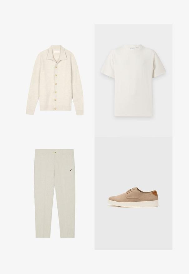 Ljusbeige kofta i ribbad textur med krage, med sju beiga knappar framtill och långa ärmar.; Vit t-shirt med kort ärm i ribbad struktur. Rund halsringning, löst sittande passform, inga synliga mönster eller detaljer. Enkelt och mångsidigt design.; Ljusbeige skräddarsydda byxor med subtil textur, med en knappstängning och en broderad mörk emblem nära fickan.; Beige mockasinsneakers med rund tå, snörning fram och texturerad bakaxel. Vit gummisula ger kontrast. Enkelt och modernt design.
