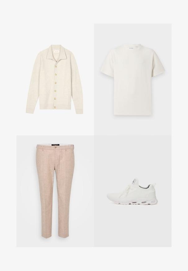 Vaaleanbeige neule, jossa on kankaan ribbistruktuuri ja kauluspää, etupuolella seitsemän beigeä nappia ja pitkät hihat.; Valkoinen lyhythihainen T-paita ribbikuviossa. Pyöreä kaula-aukko, rento istuvuus, ei näkyviä kuvioita tai yksityiskohtia. Yksinkertainen ja monikäyttöinen muotoilu.; Vaaleanbeige housut, jotka on valmistettu pellavasekoitekankaasta. Housuissa on litteä etuosa, vyölenkit ja yksi nappisulku. Vartalon myötäisesti muotoiltu suoralahkeinen design.; Valkoiset urheilukengät, joissa on teksturoitu neulepinta, litteät nauhat ja pehmustettu pohja, jossa on näkyvät ilmakammiot lisätuen tarjoamiseksi.