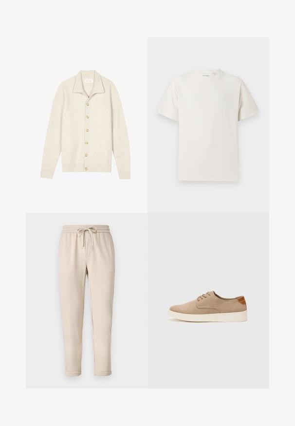 Cardigan color beige chiaro in tessuto a coste con colletto, caratterizzato da sette bottoni beige sul davanti e maniche lunghe.; T-shirt bianca a maniche corte in texture a coste. Girocollo, vestibilità rilassata, senza modelli o accenti visibili. Design semplice e versatile.; Pantaloni jogger beige con elastico in vita e cordino, dotati di tasche laterali e caviglie affusolate. Tessuto morbido, design casual.; Sneaker in suede beige con punta arrotondata, stringhe davanti e un accento testurizzato sul retro. La suola in gomma bianca offre un contrasto. Design semplice e moderno.