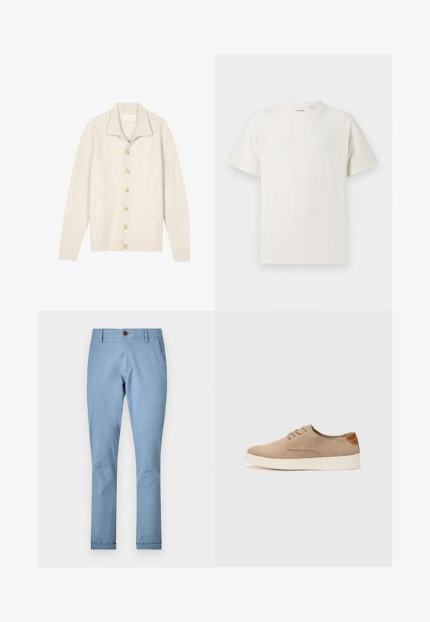 Vaaleanbeige neule, jossa on kankaan ribbistruktuuri ja kauluspää, etupuolella seitsemän beigeä nappia ja pitkät hihat.; Valkoinen lyhythihainen T-paita ribbikuviossa. Pyöreä kaula-aukko, rento istuvuus, ei näkyviä kuvioita tai yksityiskohtia. Yksinkertainen ja monikäyttöinen muotoilu.; Vaaleansiniset housut, jotka on valmistettu kudotusta kankaasta. Niissä on nappikiinnitys ja tavalliset taskut, kapeneva malli ja lahkeet, joissa on reunukset.; Beige nubuck-lenkkarit, joissa on pyöreä kärki, nauhakiinnitys ja teksturoitu takaosa. Valkoinen kumipohja tuo kontrastia. Yksinkertainen ja moderni muotoilu.