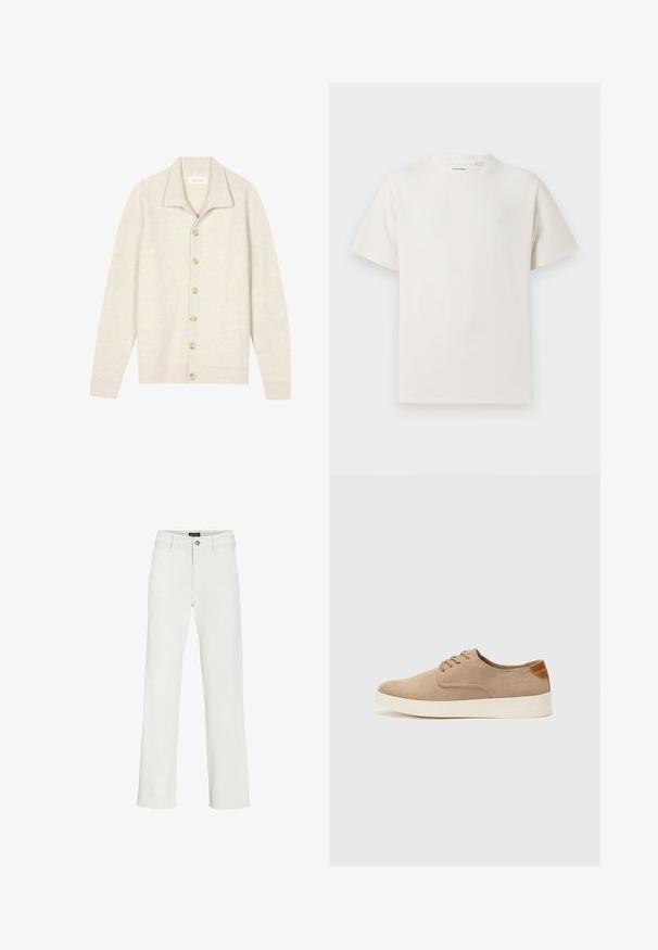 Light beige cardigan made of ribbed texture with a collared neck, featuring seven beige buttons down the front and long sleeves.; White short-sleeve T-shirt in a ribbed texture. Round neckline, relaxed fit, no visible patterns or accents. Simple and versatile design.; White wide-leg trousers made from cotton blend fabric, featuring a front button closure, belt loops, and two side pockets.; Beige suede sneakers with a rounded toe, lace-up front, and a textured back accent. White rubber sole provides contrast. Simple and modern design.