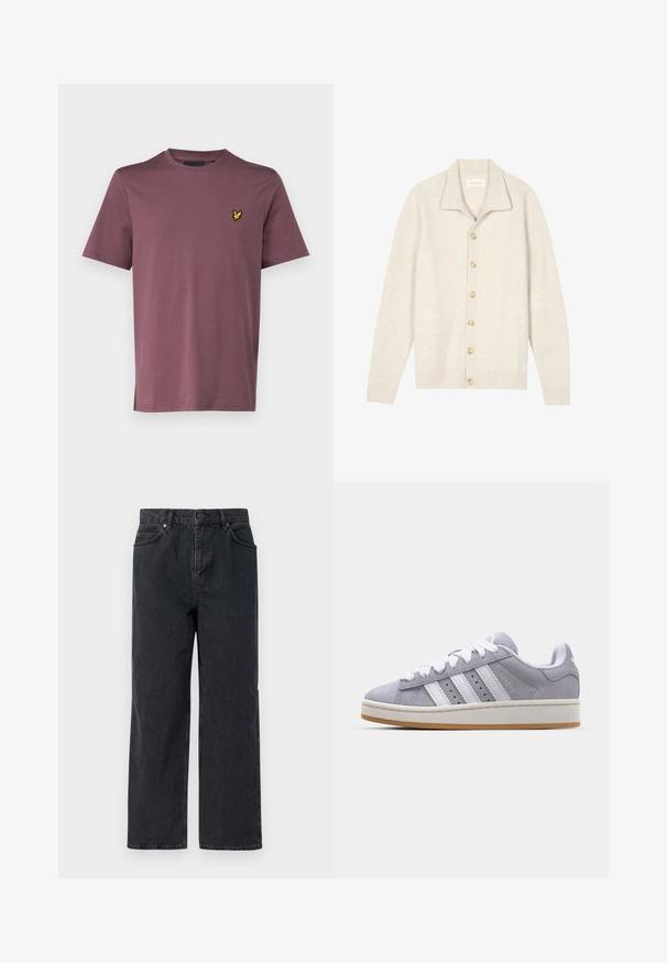 Lichtbeige cardigan van ribbeltextuur met een kraag, voorzien van zeven beige knopen aan de voorkant en lange mouwen.; Lyle & Scott T-shirt basic - highland mauve; Donkerblauwe denimbroek met een wijde pijp, vijf zakken en een knoopsluiting. Inclusief hardware in koperkleur en een subtiele textuur.; Grijze suede sneakers met witte strepen, ronde neus en rubberen zool. Heeft perforaties aan de zijkant en een getextureerde hiel tab.