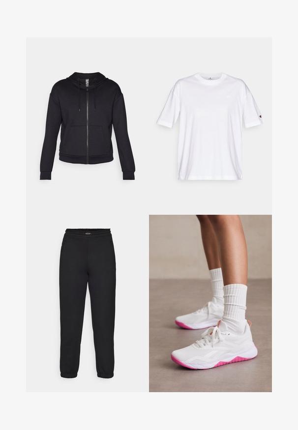 Fekete cipzáras kapucnis pulóver, puha anyagból készült, bélelt kapucnival, zsinórral, elülső zsebekkel és bordázott mandzsettával, valamint aljúval.; Fehér pamut póló, kerek nyakkivágással, rövid ujjakkal és egy apró logóval a bal mellen. Lazább szabású és egyszínű.; Champion C-TECH CUFFED PANTS INTERLOCK - Tréningruha alsók - black; Fehér sportcipők rózsaszín kiegészítőkkel, légáteresztő hálós felsőrésszel, texturált talppal és kerek fűzőkkel, fehér bordázott zoknikkal párosítva.