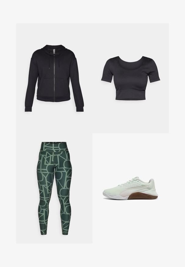 Schwarze Zip-Hoodie aus weichem Stoff, mit gefütterter Kapuze, Zugkordel, Fronttaschen und gerippten Bündchen sowie Saum.; Schwarzes, geripptes, kurzes Top mit kurzen Ärmeln, weitem Rundhalsausschnitt und einem enganliegenden Bund am unteren Ende. Weicher Stoff, lässiges Design.; Hochtaillierte grüne Leggings mit einem geometrischen Muster in gedeckten Tönen. Hergestellt aus dehnbarem, glattem Stoff mit einer figurschmeichelnden Silhouette.; Helle grüne Sportschuh mit einer strukturierten Oberseite, weißen Akzenten und einer braunen Gummisohle. Verfügt über ein atmungsaktives Mesh und eine verstärkte Zehe.