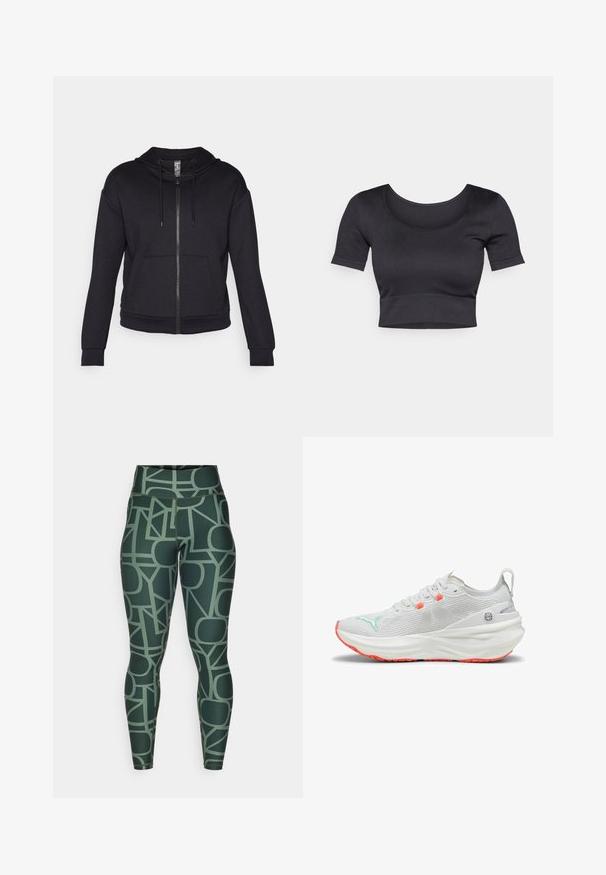 Sort zip-up hættetrøje lavet af blødt stof, med foret hætte, snoretræk, forlommer og ribbede manchetter og kant.; Sort ribbet cropped top med korte ærmer, bred rund halsudskæring og en tætsiddende kant i bunden. Blød tekstur, afslappet design.; Højtaljede grønne leggings med et geometrisk mønster i afdæmpede farver. Fremstillet af strækbart, glat stof med en tætsiddende silhuet.; Sportsko med et hvidt mesh-overdel, klare orange detaljer og en tyk hvid sål med teksturerede mønstre for greb.