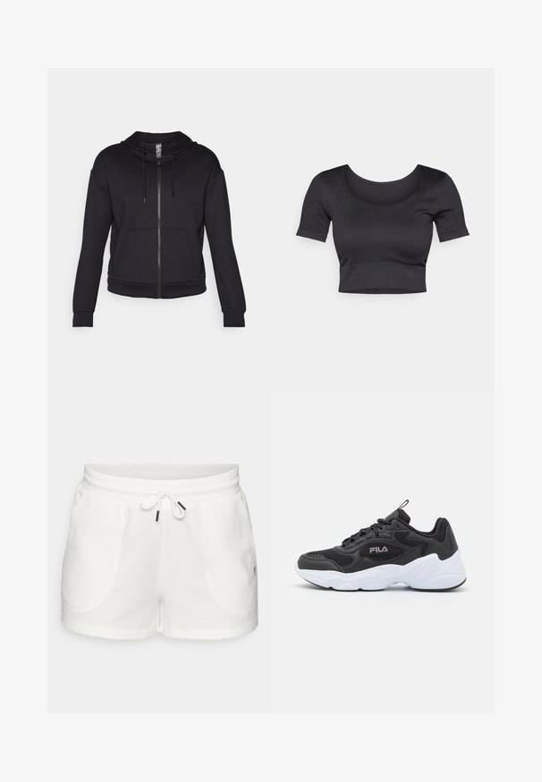 Sweatshirt com fecho éclair preto feito de tecido macio, com capuz forrado, cordão, bolsos frontais e punhos e bainha em ribana.; Top curto preto com nervuras, mangas curtas, decote redondo largo e uma faixa ajustada na parte inferior. Textura suave, design casual.; Calções brancos de algodão com uma cintura elástica, cordão com terminais de metal e dois bolsos laterais com uma textura suave.; Sapatilha atlética preta com material em malha e sintético, apresentando uma sola de borracha branca, design arredondado e logo proeminente na lateral.