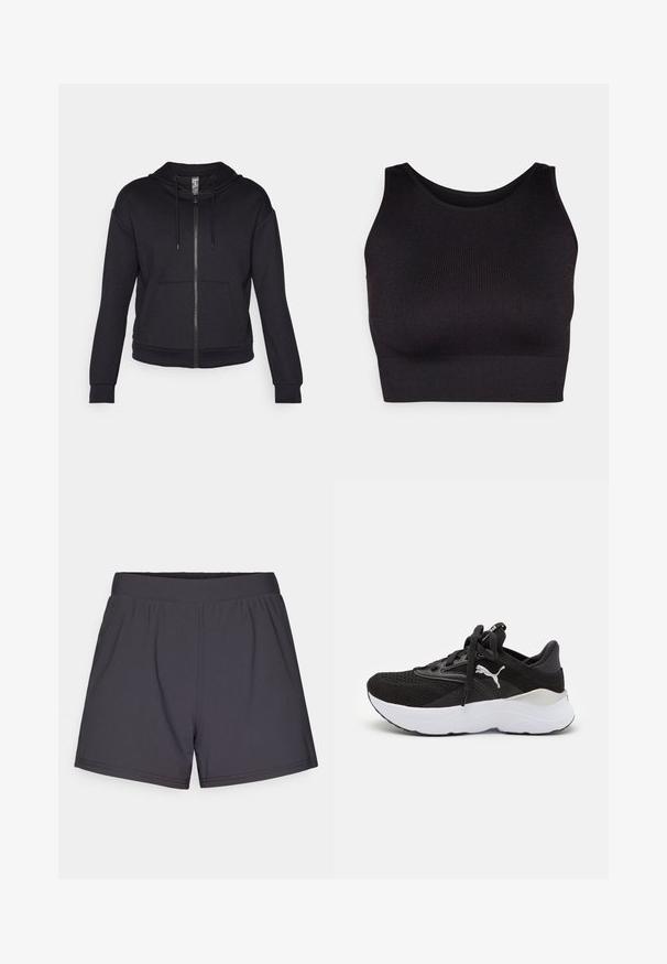 Felpa nera con zip, realizzata in tessuto morbido, dotata di cappuccio foderato, cordino, tasche frontali e polsini e orlo a costine.; Top corto nero a coste con collo alto e ampie aperture per le braccia, realizzato in un morbido e elasticizzato tessuto per il comfort e con un design senza cuciture.; Pantaloni sportivi neri realizzati in un tessuto leggero e elasticizzato. Presentano una vita elasticizzata e un design semplice e senza fronzoli.; Sneaker sportivo nero con tomaia in mesh, suola intermedia bianca, punta rotonda e design con lacci. Presenta un logo prominente sul lato e accenti testurizzati.