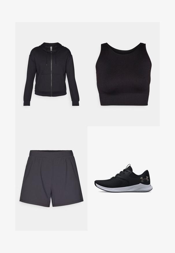 Musta vetoketjupusakka, joka on valmistettu pehmeästä kankaasta. Siinä on vuorattu huppu, kiristysnauha, etutaskut sekä ribbireunat hihansuissa ja helmassa.; Musta ribbi-mallinen lyhyt yläosa, jossa on korkea kaulus ja leveät kainalot. Yläosa on tehty pehmeästä, joustavasta kankaasta mukavuutta varten, ja siinä on saumaton muotoilu.; Mustat urheilusortsit, jotka on valmistettu kevyestä, joustavasta kankaasta. Sisältää joustavyöhön ja yksinkertaisen, koristelemattoman muotoilun.; Musta urheilukenkä, jossa on verkkomainen päällinen, teksturoitu kuvio ja hopeiset yksityiskohdat. Varustettu mustilla nauhoilla ja valkoisella välikeualla, jossa on kuvioitu ulkopohja.