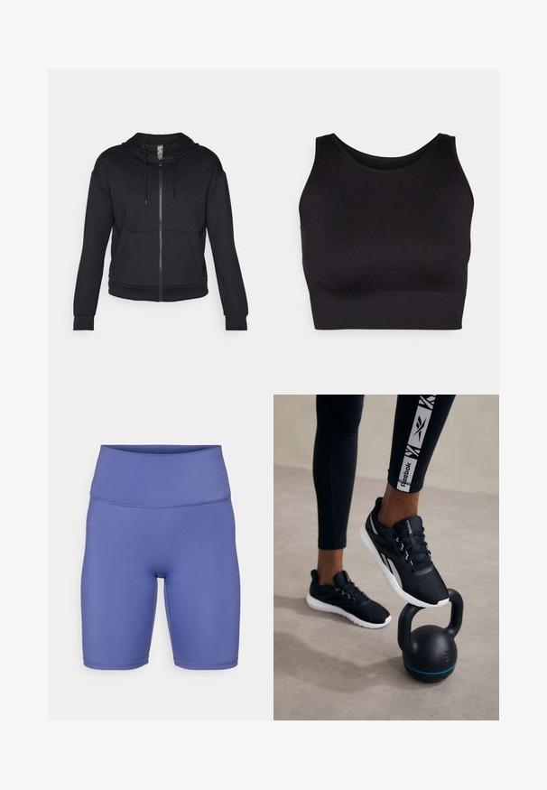 Sweatshirt com fecho éclair preto feito de tecido macio, com capuz forrado, cordão, bolsos frontais e punhos e bainha em ribana.; Top curto preto canelado com gola alta e cavas largas, apresentando um tecido suave e elástico para conforto e um design sem costuras.; Calções de bicicleta de cintura alta em tecido liso lavanda. Textura suave com detalhes de costura e um design ajustado para conforto e mobilidade.; Tênis de desporto pretos com um superior texturizado, sola branca e detalhes cinzentos, colocados sobre um kettlebell preto com uma faixa azul, contra um fundo neutro.